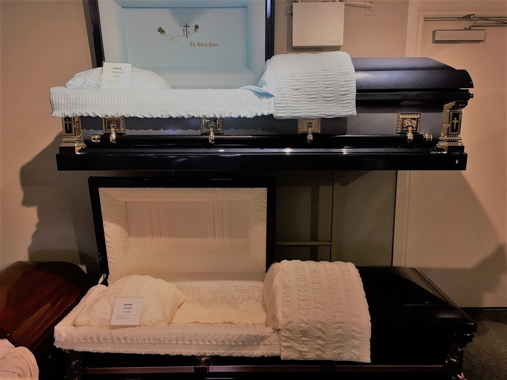 Steel caskets in James Reid's selection room