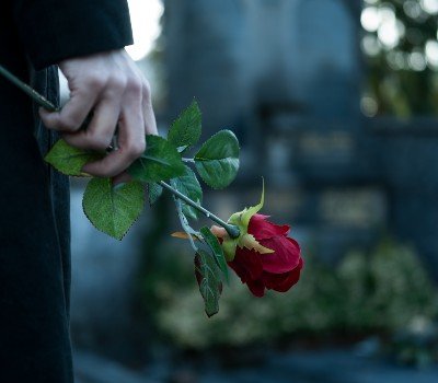person holding a red rose at a graveside funeral service