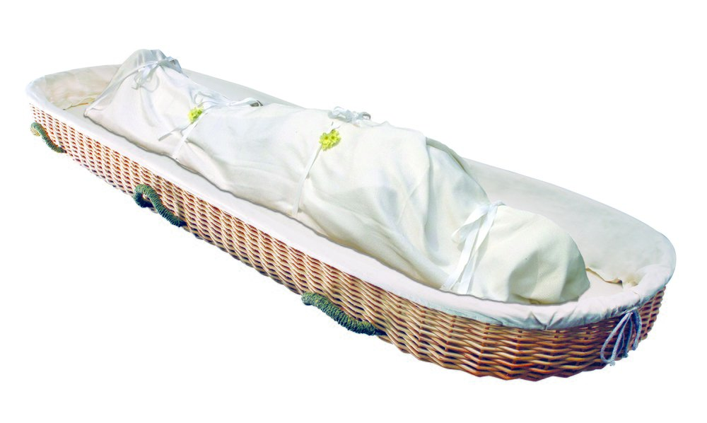 cotton shroud covers a body; a wicker carrying tray is lined with cotton